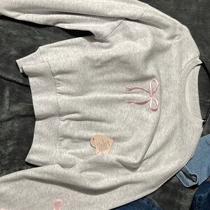 Gray Sweatshirt with Pink Bow Embroidery